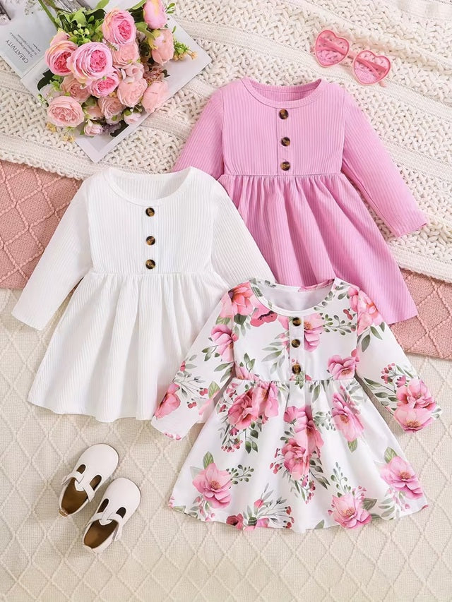 Girls 3-Piece Long Sleeve Dress Set with Floral and Solid Color Styles Button Round Neck Autumn Winter Outfits