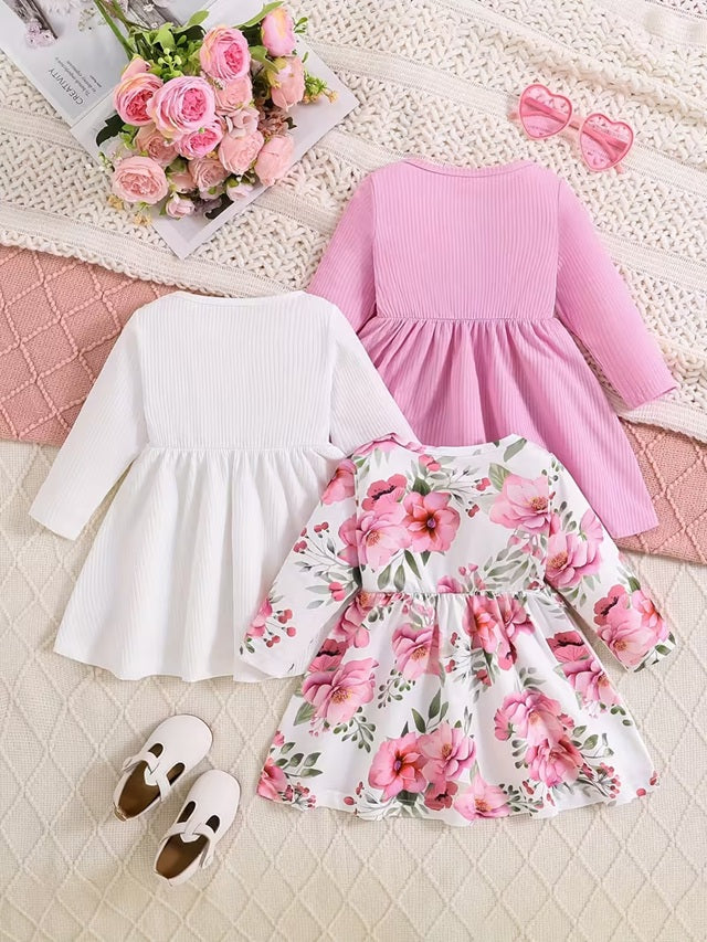 Girls 3-Piece Long Sleeve Dress Set with Floral and Solid Color Styles Button Round Neck Autumn Winter Outfits