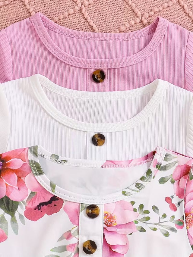 Girls 3-Piece Long Sleeve Dress Set with Floral and Solid Color Styles Button Round Neck Autumn Winter Outfits