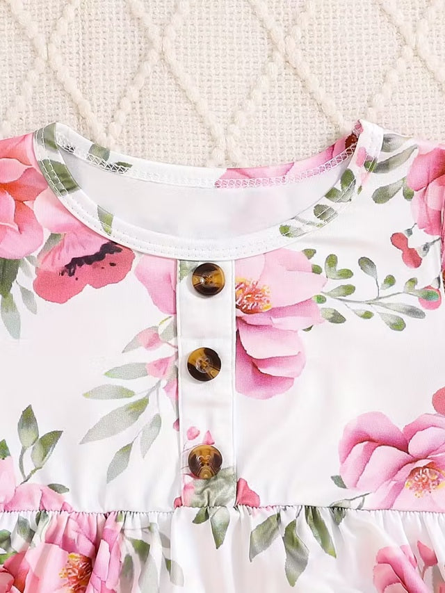 Girls 3-Piece Long Sleeve Dress Set with Floral and Solid Color Styles Button Round Neck Autumn Winter Outfits