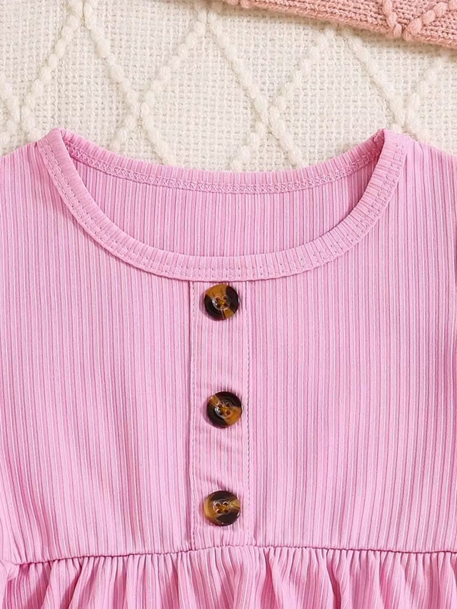 Girls 3-Piece Long Sleeve Dress Set with Floral and Solid Color Styles Button Round Neck Autumn Winter Outfits