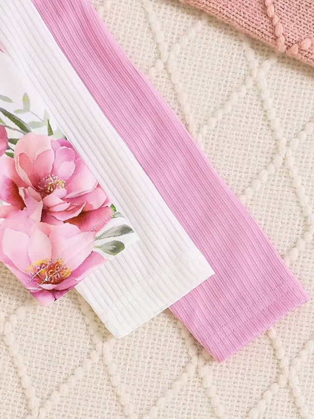 Girls 3-Piece Long Sleeve Dress Set with Floral and Solid Color Styles Button Round Neck Autumn Winter Outfits