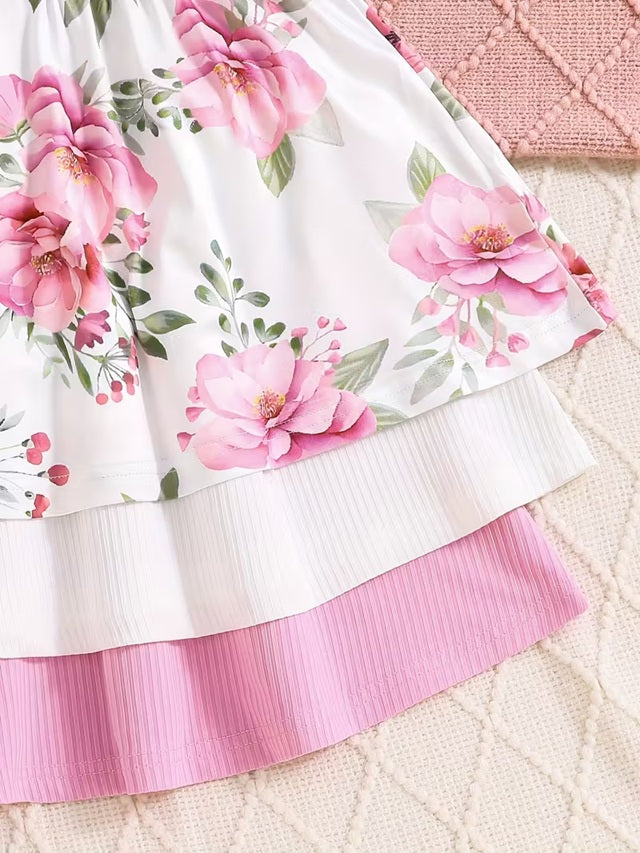 Girls 3-Piece Long Sleeve Dress Set with Floral and Solid Color Styles Button Round Neck Autumn Winter Outfits