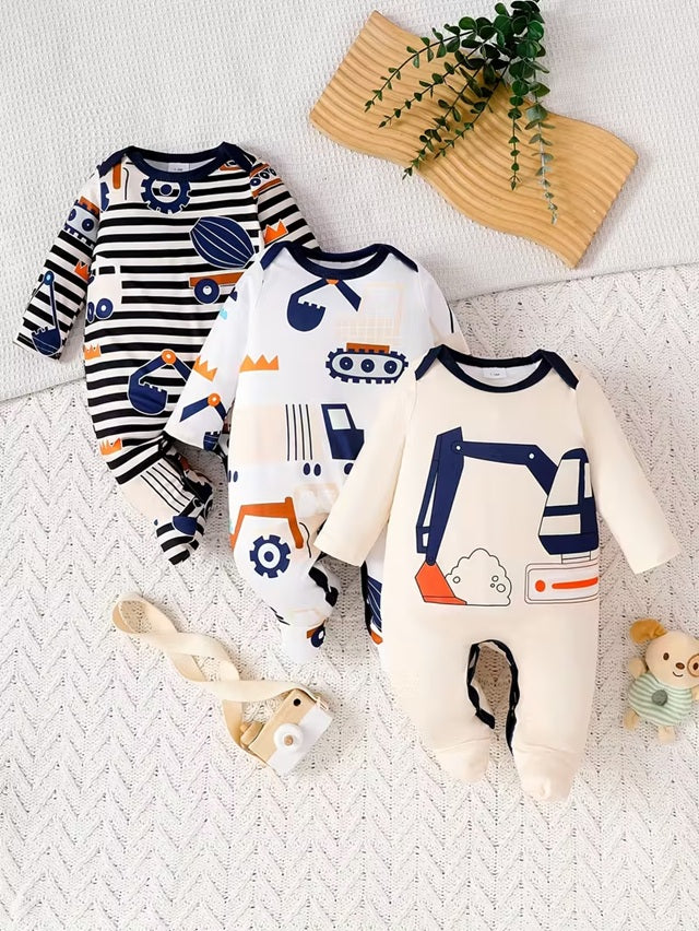 Baby Boy 3-Piece Excavator Winter Outfit Set with Long Sleeve Bodysuit, Warm Jumpsuit and Matching Bib