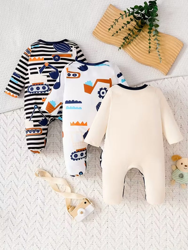Baby Boy 3-Piece Excavator Winter Outfit Set with Long Sleeve Bodysuit, Warm Jumpsuit and Matching Bib