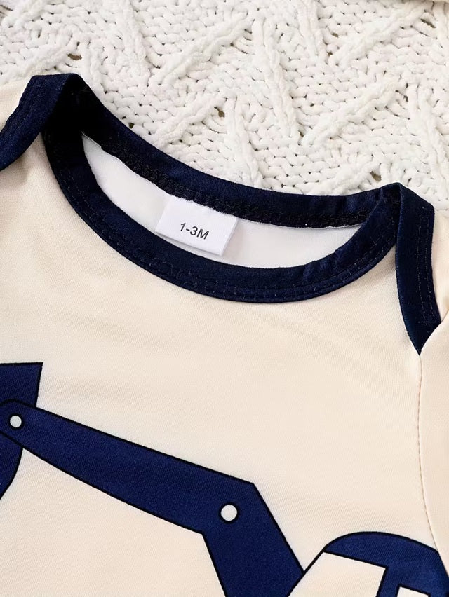 Baby Boy 3-Piece Excavator Winter Outfit Set with Long Sleeve Bodysuit, Warm Jumpsuit and Matching Bib