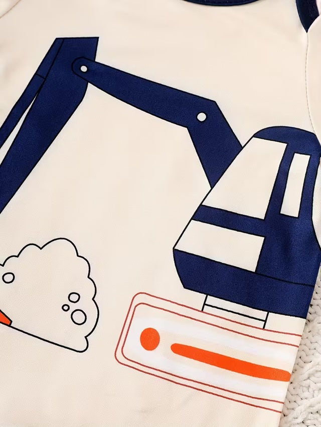 Baby Boy 3-Piece Excavator Winter Outfit Set with Long Sleeve Bodysuit, Warm Jumpsuit and Matching Bib