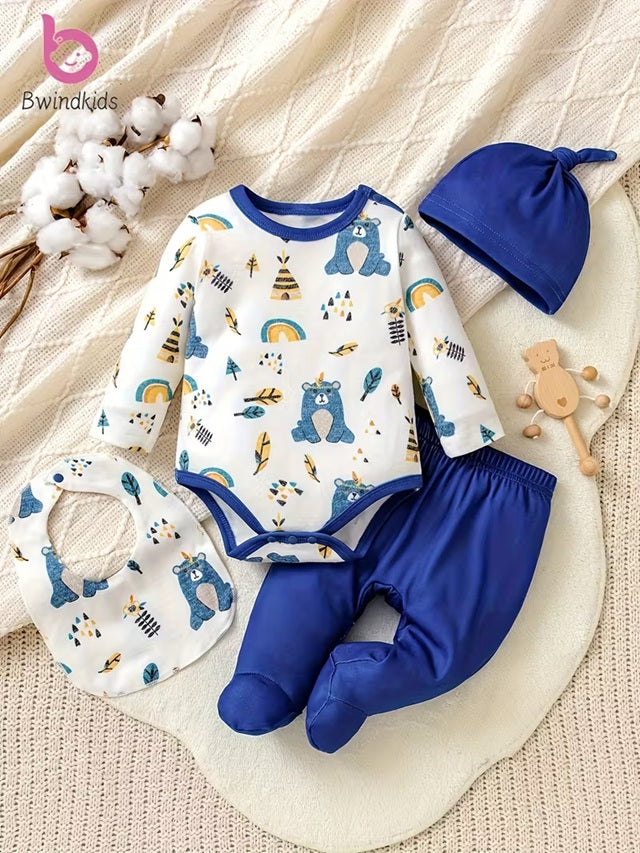 Baby Boy 4-Piece Outfit Set with Cute Bear & Rainbow Print Smock Top, Pants, Bib and Soft Long Sleeve Romper