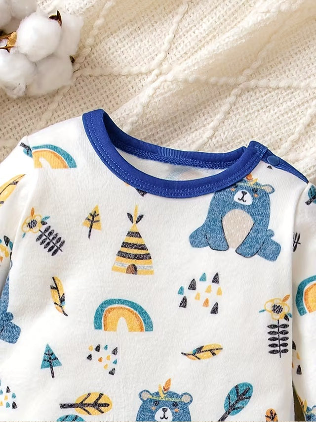 Baby Boy 4-Piece Outfit Set with Cute Bear & Rainbow Print Smock Top, Pants, Bib and Soft Long Sleeve Romper