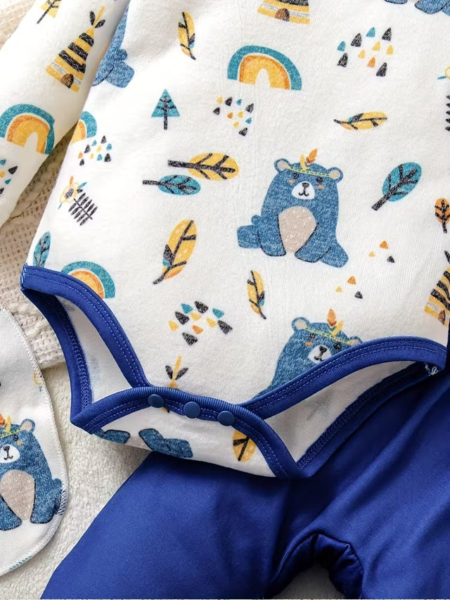 Baby Boy 4-Piece Outfit Set with Cute Bear & Rainbow Print Smock Top, Pants, Bib and Soft Long Sleeve Romper