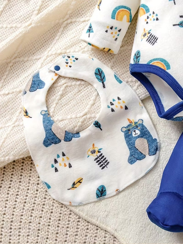 Baby Boy 4-Piece Outfit Set with Cute Bear & Rainbow Print Smock Top, Pants, Bib and Soft Long Sleeve Romper