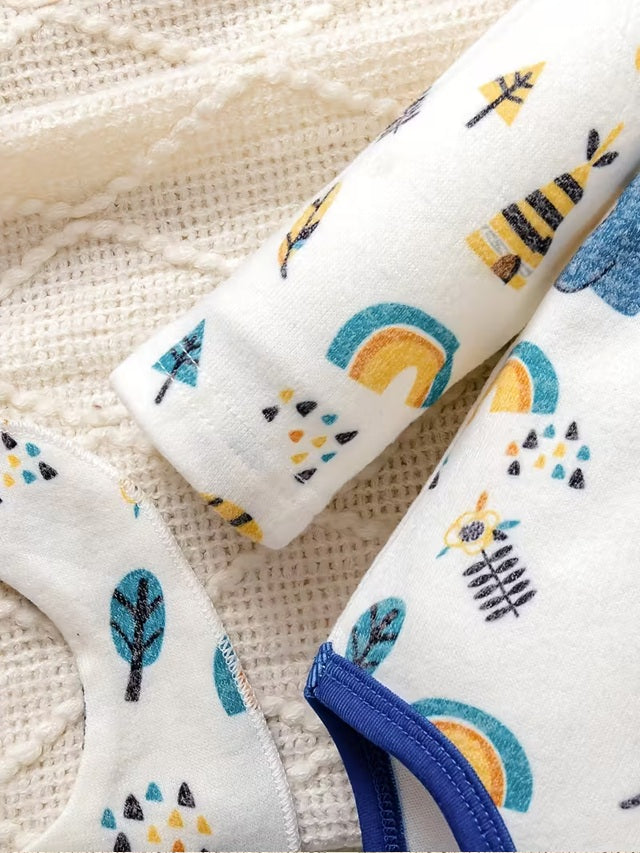 Baby Boy 4-Piece Outfit Set with Cute Bear & Rainbow Print Smock Top, Pants, Bib and Soft Long Sleeve Romper