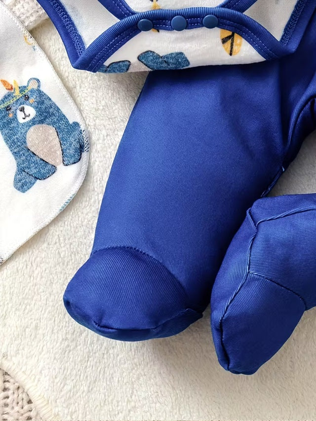 Baby Boy 4-Piece Outfit Set with Cute Bear & Rainbow Print Smock Top, Pants, Bib and Soft Long Sleeve Romper