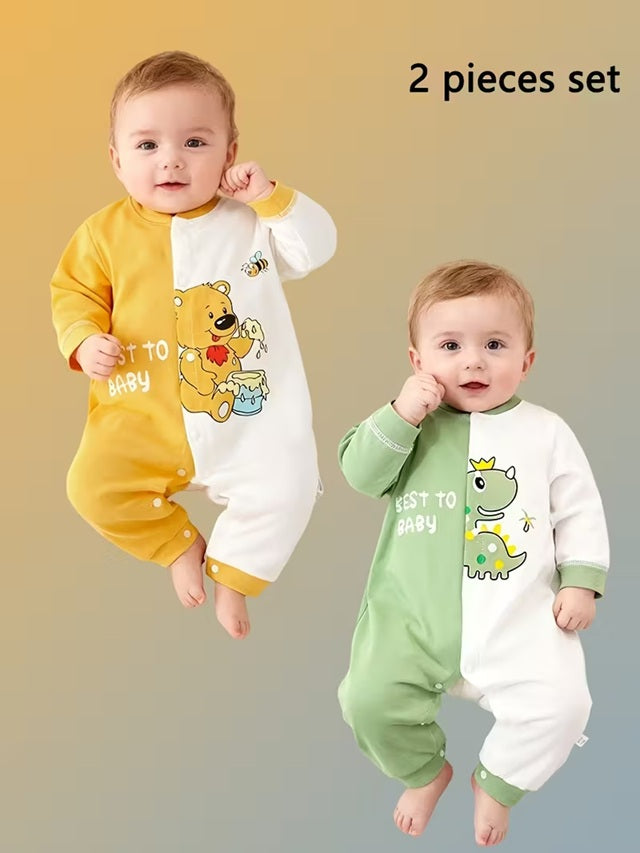 2pcs Baby Boys’ Long Sleeve Jumpsuit Set – Soft Cotton Rompers with Teddy Bear & Dinosaur Prints, Snap Button Closure for Easy Diaper Change, Perfect for Spring & Fall Outdoor Wear