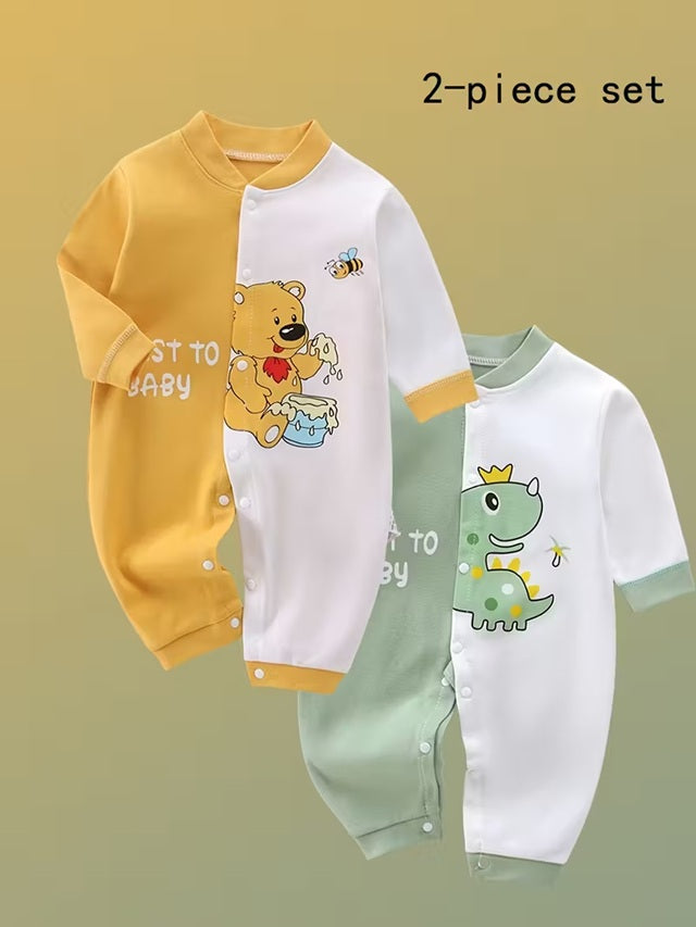 2pcs Baby Boys’ Long Sleeve Jumpsuit Set – Soft Cotton Rompers with Teddy Bear & Dinosaur Prints, Snap Button Closure for Easy Diaper Change, Perfect for Spring & Fall Outdoor Wear