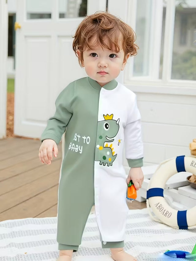 2pcs Baby Boys’ Long Sleeve Jumpsuit Set – Soft Cotton Rompers with Teddy Bear & Dinosaur Prints, Snap Button Closure for Easy Diaper Change, Perfect for Spring & Fall Outdoor Wear