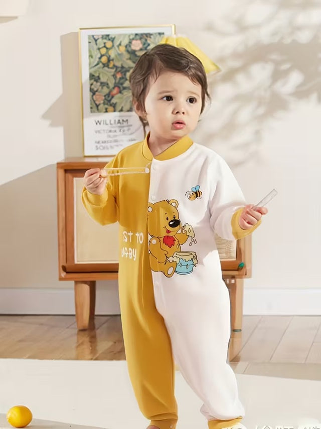 2pcs Baby Boys’ Long Sleeve Jumpsuit Set – Soft Cotton Rompers with Teddy Bear & Dinosaur Prints, Snap Button Closure for Easy Diaper Change, Perfect for Spring & Fall Outdoor Wear