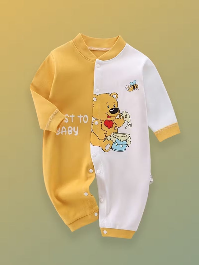 2pcs Baby Boys’ Long Sleeve Jumpsuit Set – Soft Cotton Rompers with Teddy Bear & Dinosaur Prints, Snap Button Closure for Easy Diaper Change, Perfect for Spring & Fall Outdoor Wear