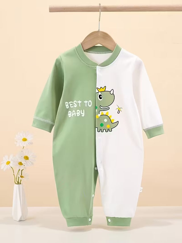 2pcs Baby Boys’ Long Sleeve Jumpsuit Set – Soft Cotton Rompers with Teddy Bear & Dinosaur Prints, Snap Button Closure for Easy Diaper Change, Perfect for Spring & Fall Outdoor Wear