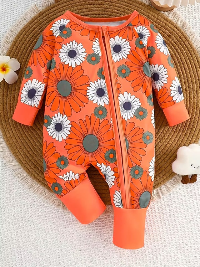 Girls’ Long Sleeve Floral Zipper Romper – Bright Orange with White Daisy & Blue Accents, Round Neck, Non-Stretch Fabric, Ideal for Spring & Fall Outdoor Wear