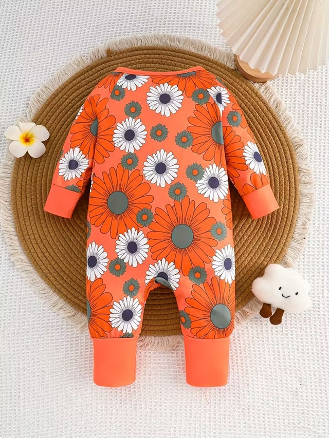 Girls’ Long Sleeve Floral Zipper Romper – Bright Orange with White Daisy & Blue Accents, Round Neck, Non-Stretch Fabric, Ideal for Spring & Fall Outdoor Wear