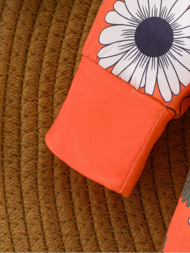 Girls’ Long Sleeve Floral Zipper Romper – Bright Orange with White Daisy & Blue Accents, Round Neck, Non-Stretch Fabric, Ideal for Spring & Fall Outdoor Wear