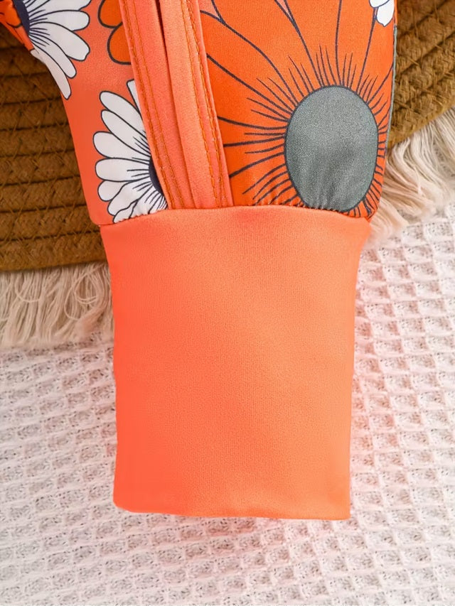 Girls’ Long Sleeve Floral Zipper Romper – Bright Orange with White Daisy & Blue Accents, Round Neck, Non-Stretch Fabric, Ideal for Spring & Fall Outdoor Wear