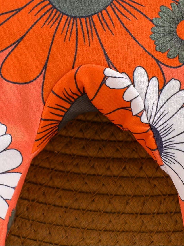 Girls’ Long Sleeve Floral Zipper Romper – Bright Orange with White Daisy & Blue Accents, Round Neck, Non-Stretch Fabric, Ideal for Spring & Fall Outdoor Wear