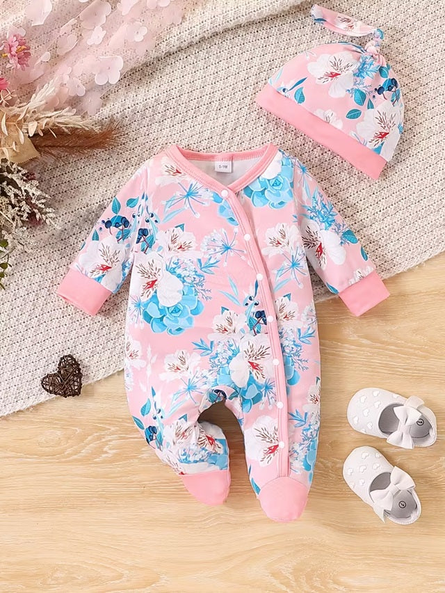 Baby Girls’ Spring & Autumn Floral Print Footed Romper with Matching Hat – Soft, Comfortable, Long Sleeve Infant Outfit