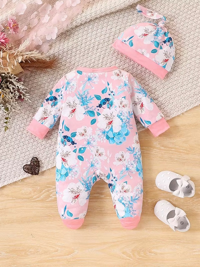 Baby Girls’ Spring & Autumn Floral Print Footed Romper with Matching Hat – Soft, Comfortable, Long Sleeve Infant Outfit