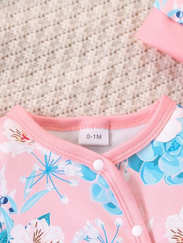 Baby Girls’ Spring & Autumn Floral Print Footed Romper with Matching Hat – Soft, Comfortable, Long Sleeve Infant Outfit