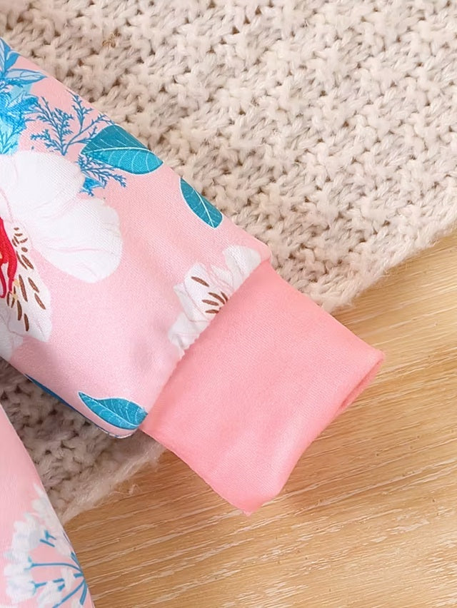 Baby Girls’ Spring & Autumn Floral Print Footed Romper with Matching Hat – Soft, Comfortable, Long Sleeve Infant Outfit