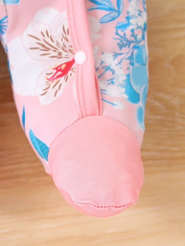 Baby Girls’ Spring & Autumn Floral Print Footed Romper with Matching Hat – Soft, Comfortable, Long Sleeve Infant Outfit