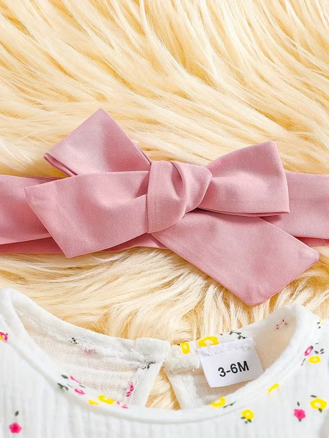 Baby Girls’ Long Sleeve Floral Romper with Pink Bow Belt & Matching Hat – Soft Stretchy Outfit for Spring/Fall