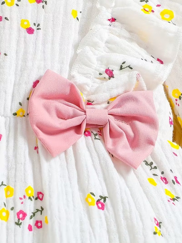 Baby Girls’ Long Sleeve Floral Romper with Pink Bow Belt & Matching Hat – Soft Stretchy Outfit for Spring/Fall