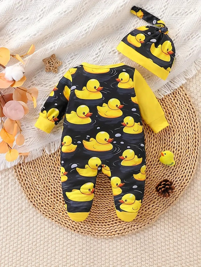 Cute Duck Cartoon Pattern Footed Romper + Hat Set for Boys, Comfortable Soft Fabric Suitable for Outdoor Activities