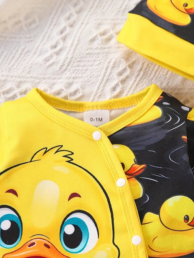 Cute Duck Cartoon Pattern Footed Romper + Hat Set for Boys, Comfortable Soft Fabric Suitable for Outdoor Activities