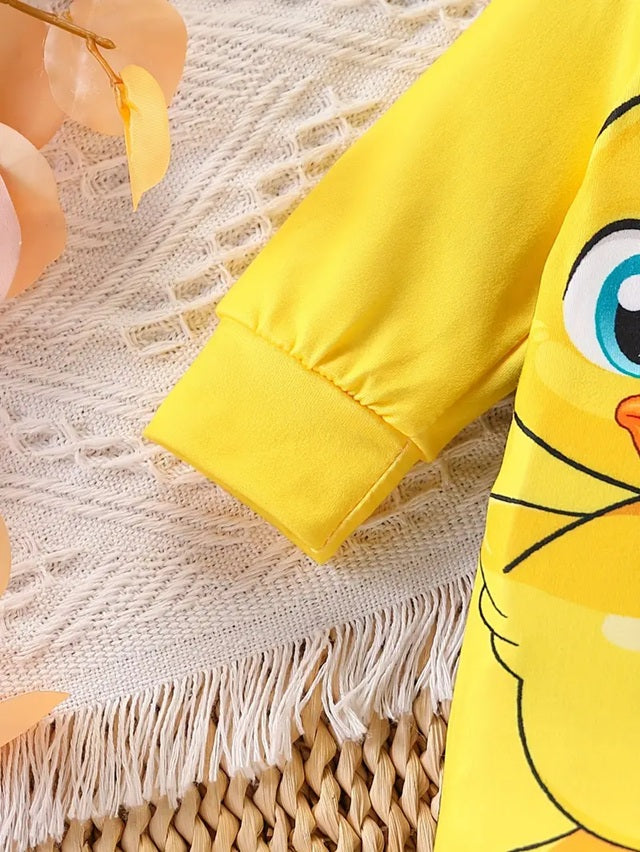 Cute Duck Cartoon Pattern Footed Romper + Hat Set for Boys, Comfortable Soft Fabric Suitable for Outdoor Activities