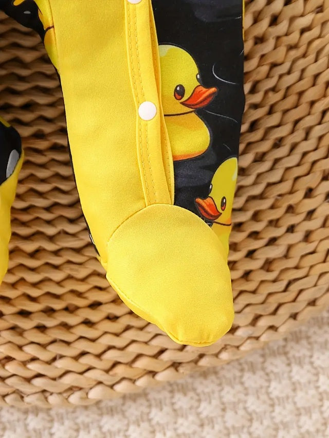 Cute Duck Cartoon Pattern Footed Romper + Hat Set for Boys, Comfortable Soft Fabric Suitable for Outdoor Activities