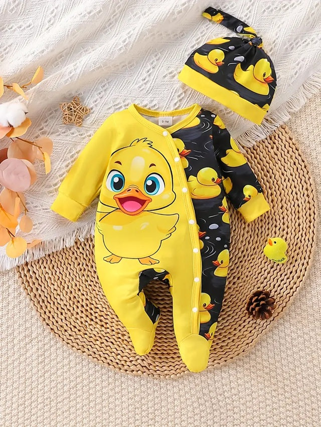 Cute Duck Cartoon Pattern Footed Romper + Hat Set for Boys, Comfortable Soft Fabric Suitable for Outdoor Activities