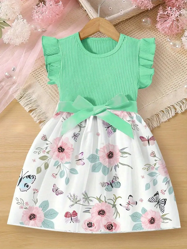 Girls' Floral Print Smock Dress with Ruffled Sleeves & Bow Back, Summer Dress with Pockets