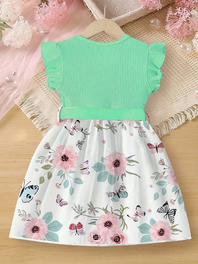 Girls' Floral Print Smock Dress with Ruffled Sleeves & Bow Back, Summer Dress with Pockets