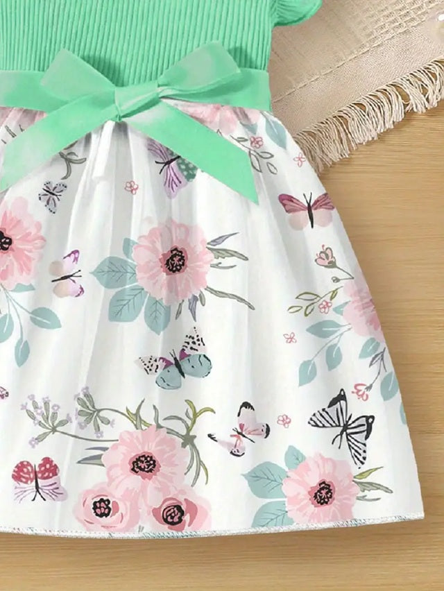 Girls' Floral Print Smock Dress with Ruffled Sleeves & Bow Back, Summer Dress with Pockets