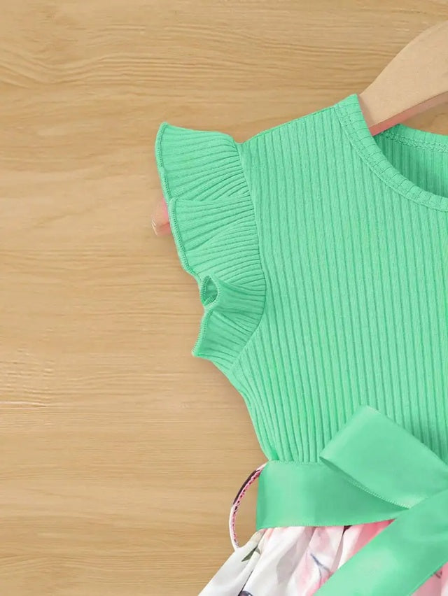 Girls' Floral Print Smock Dress with Ruffled Sleeves & Bow Back, Summer Dress with Pockets