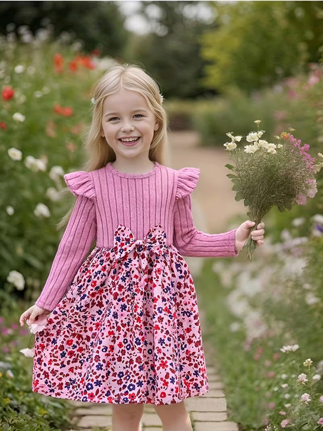 Pink Floral Long Sleeve Dress with Bow Hem for Girls, Detail Round Neck A-Line Fall Casual and Semi Formal Outfit