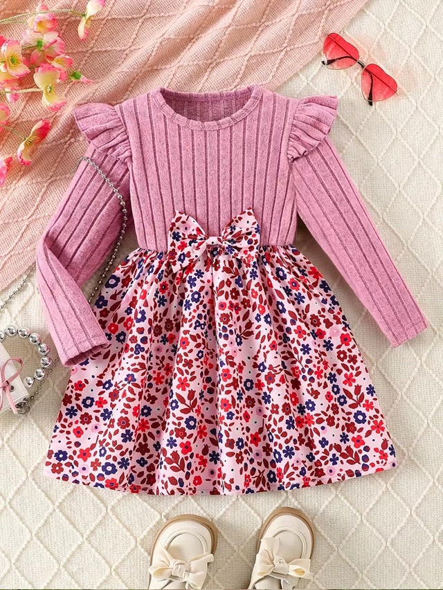 Pink Floral Long Sleeve Dress with Bow Hem for Girls, Detail Round Neck A-Line Fall Casual and Semi Formal Outfit
