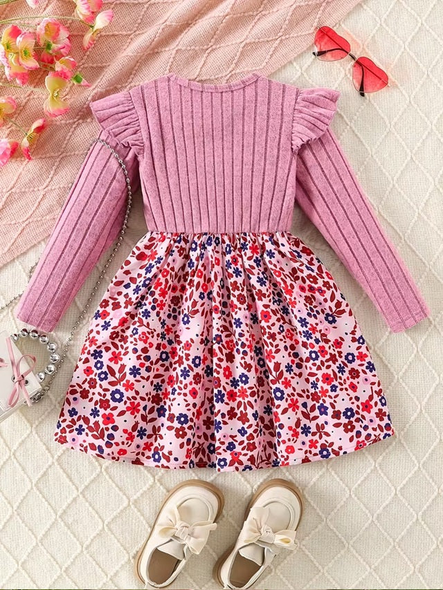 Pink Floral Long Sleeve Dress with Bow Hem for Girls, Detail Round Neck A-Line Fall Casual and Semi Formal Outfit