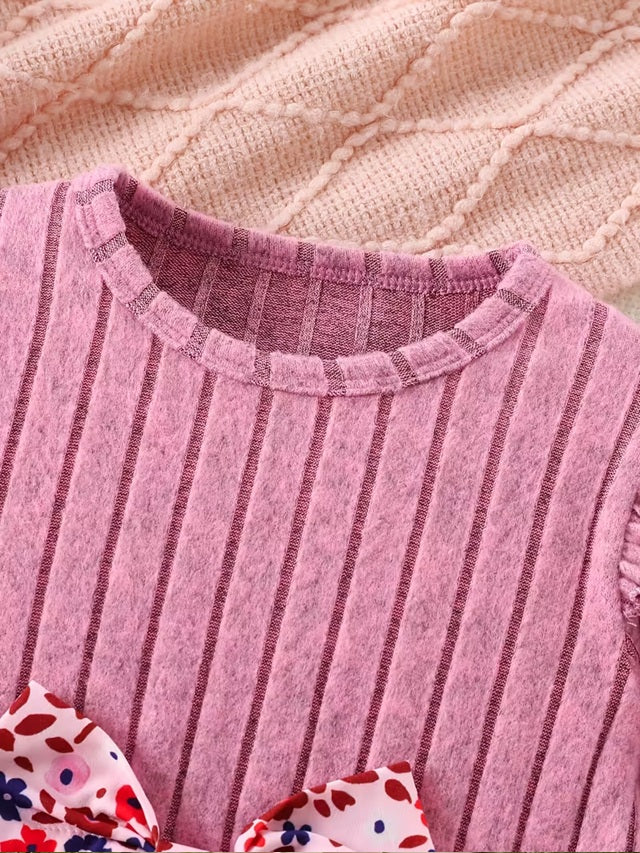 Pink Floral Long Sleeve Dress with Bow Hem for Girls, Detail Round Neck A-Line Fall Casual and Semi Formal Outfit