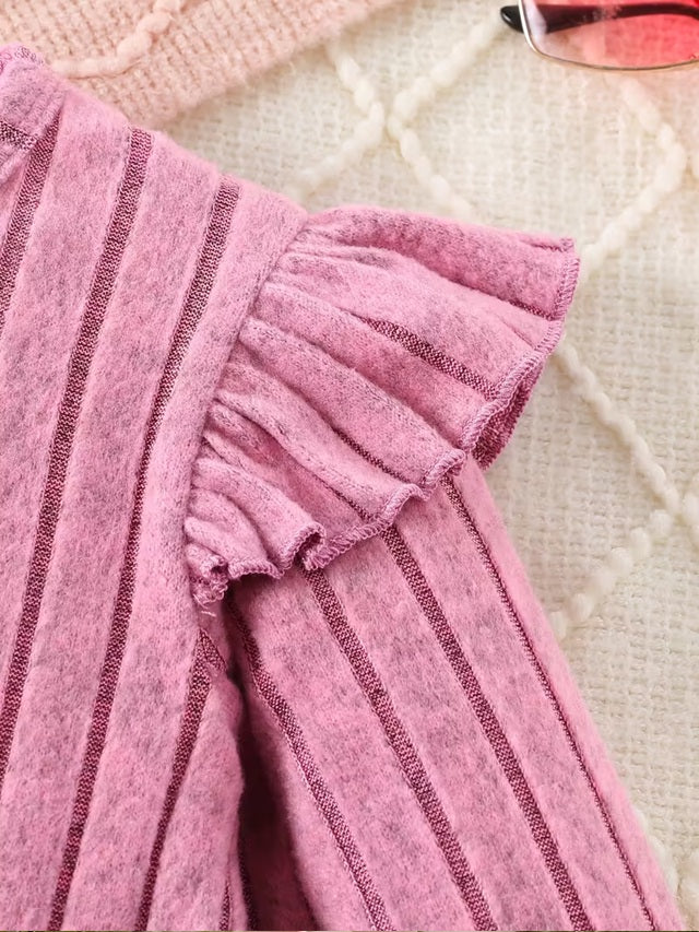 Pink Floral Long Sleeve Dress with Bow Hem for Girls, Detail Round Neck A-Line Fall Casual and Semi Formal Outfit