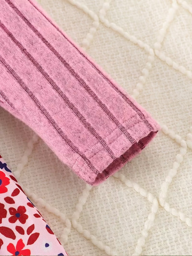 Pink Floral Long Sleeve Dress with Bow Hem for Girls, Detail Round Neck A-Line Fall Casual and Semi Formal Outfit